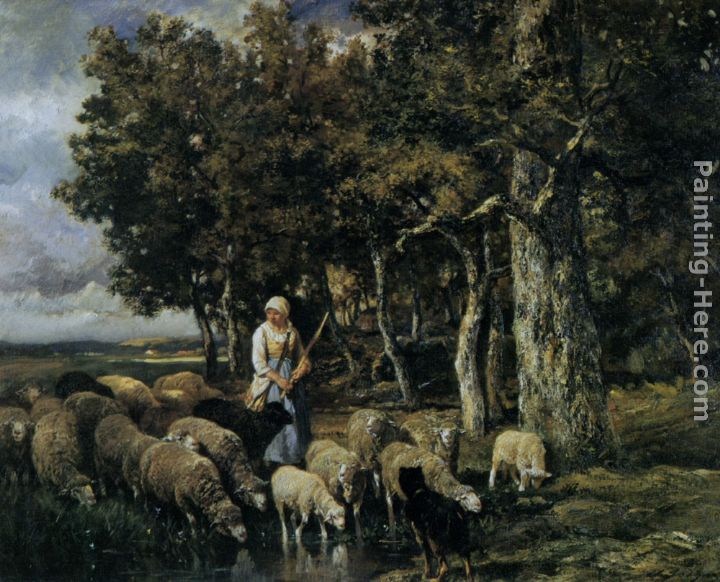 Charles Emile Jacque Shepherdess watering flock